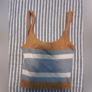 Casual Striped Ribbed Tank Top - Tan and Blue